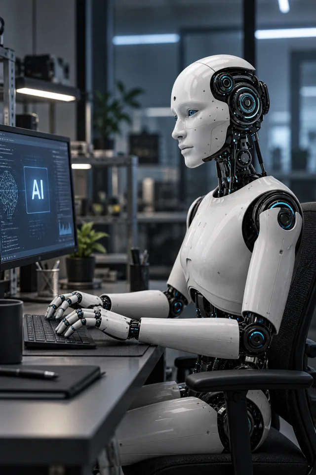 Ein Roboter am Arbeitsplatz — eine Illustration technologischer Unterstützung im Team