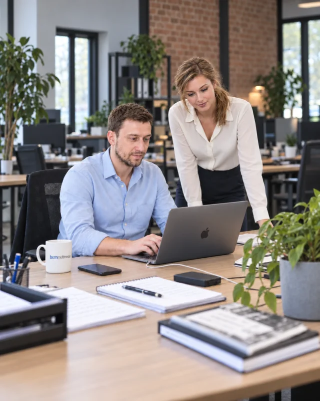 Bartłomiej und Aleksandra bei der Arbeit an einer Website — eine BXM-Büroszene