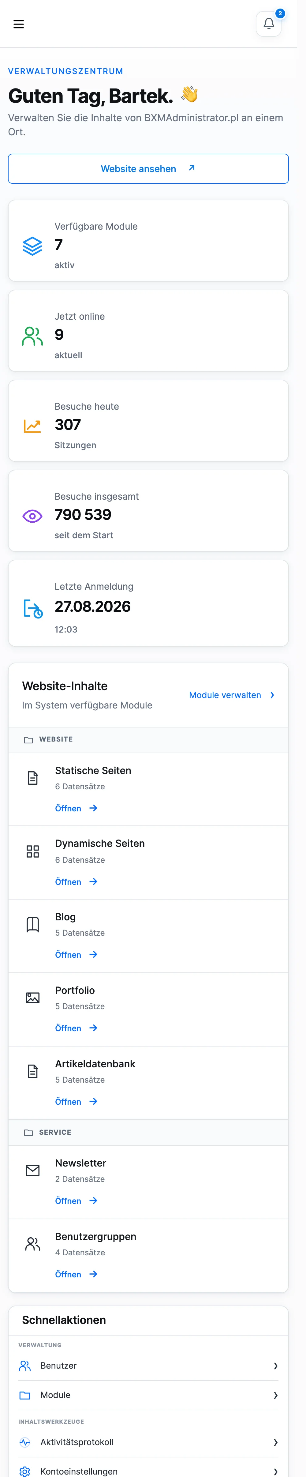 BXM Administrator: Website und CMS-Vorschau